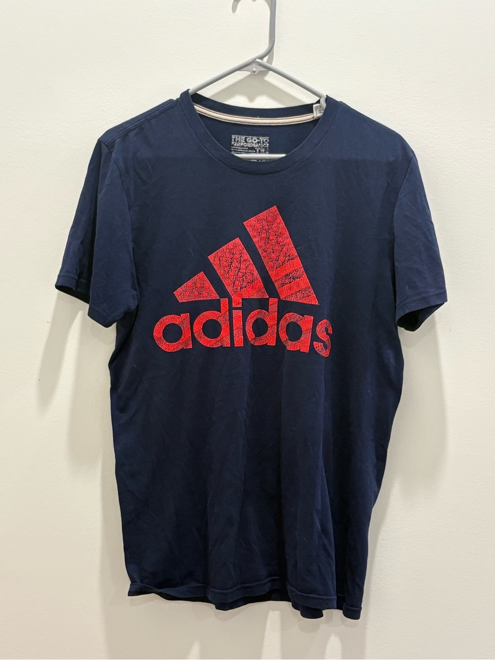 adidas Men's Navy Short-Sleeve Tee with Red Logo- Medium